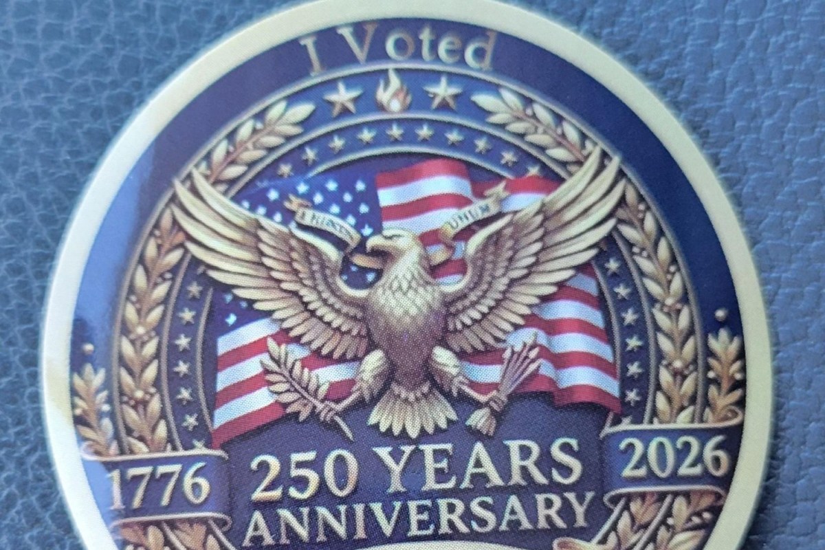 A sticker featuring an eagle, American flags, and text celebrating the 250th anniversary of voting from 1776 to 2026.