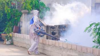 A person in protective gear operates a fogging machine in a garden.