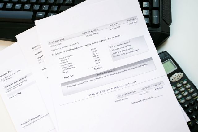 A utility bill document with a summary of charges and due date, placed on a desk next to a calculator and keyboard.