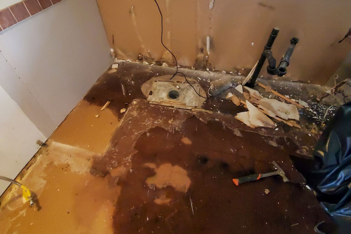 Water damage from a backed-up pipe.