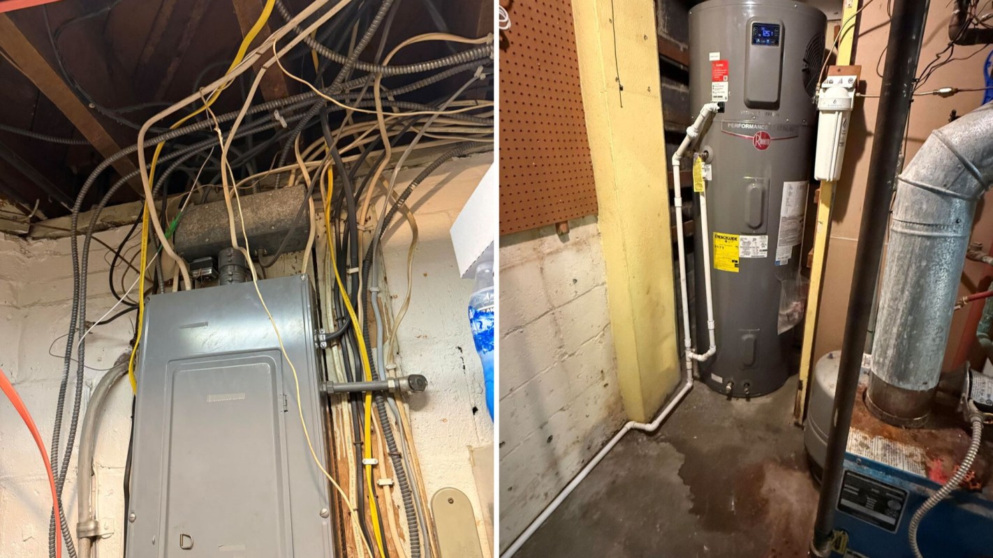 A basement area with exposed electrical wires and plumbing, featuring a water heater and a furnace.