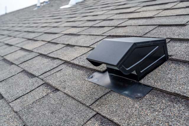 A black vent pipe on a textured asphalt shingle roof.