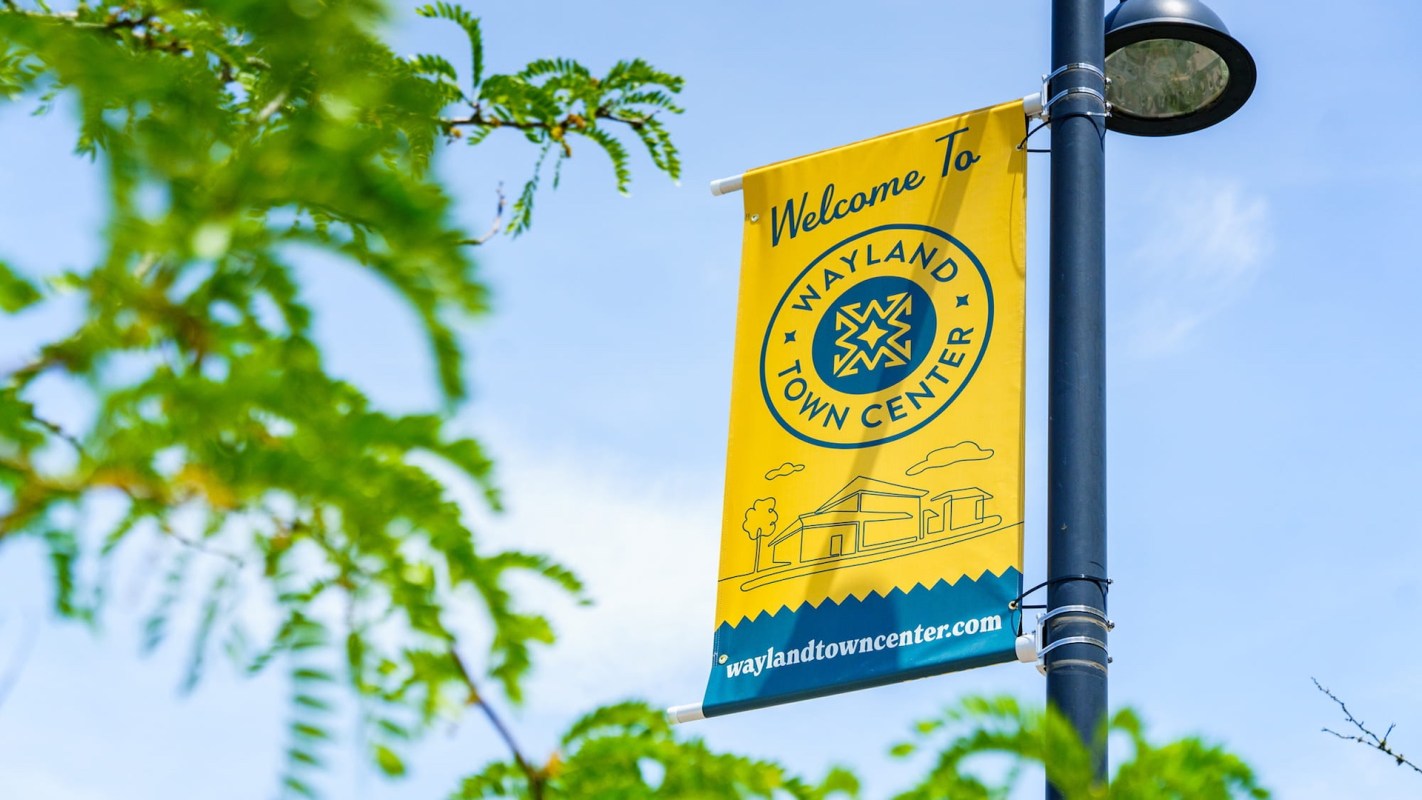 A banner welcoming visitors to Wayland Town Center, featuring a graphic and website link.