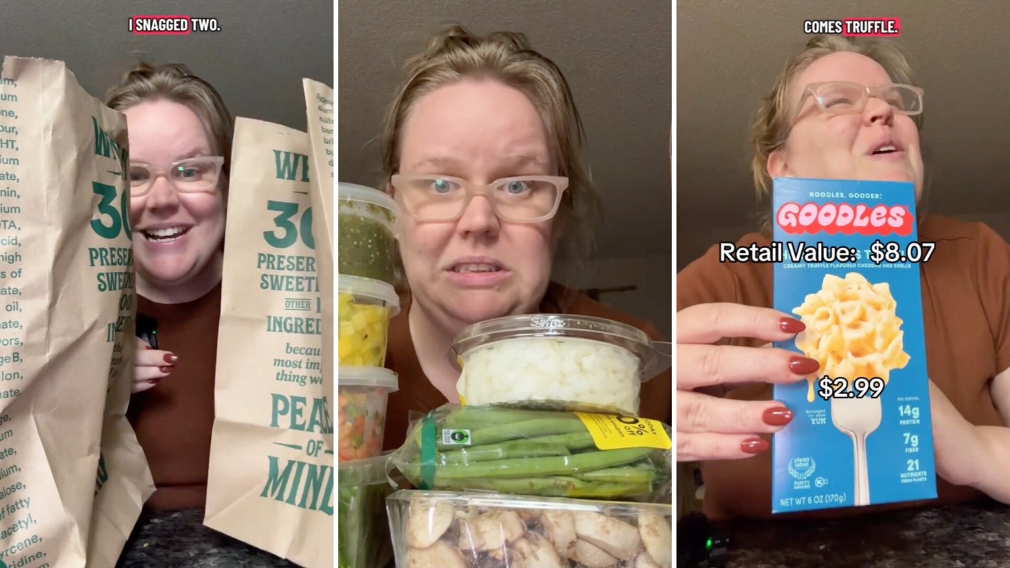 A woman holds grocery bags and containers of food while showing a box of pasta with nutritional information.