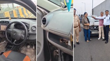 Images of a car's interior, dashboard details, and a group of people posing with a water bottle next to a parked car.
