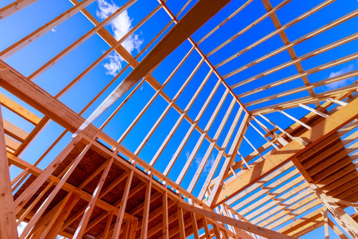 Wood framing for a house.