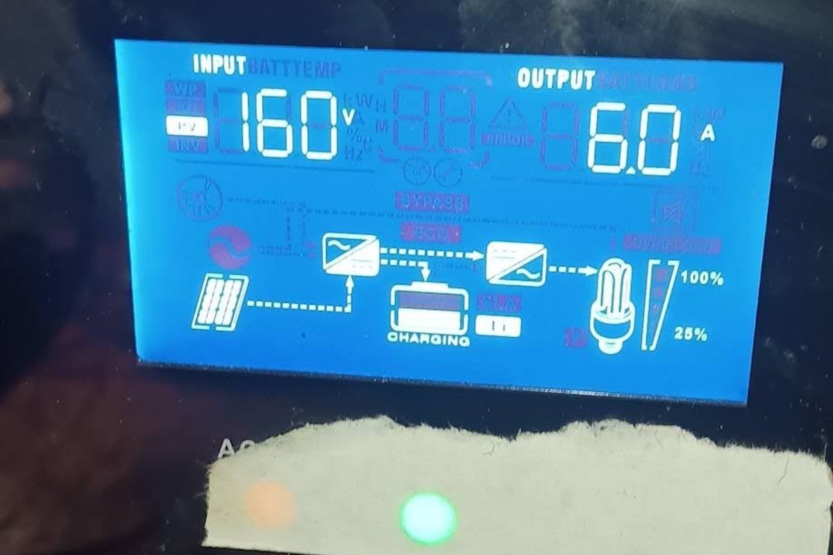 A digital display showing input and output values for charging, including voltage and current readings.