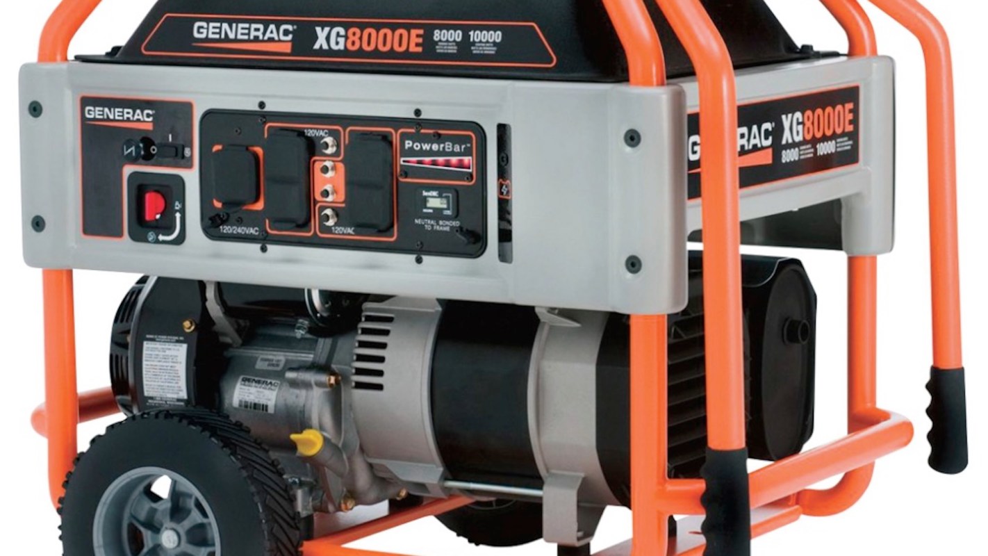 A Generac XG8000E portable generator with orange and gray casing, showcasing power outlets and control panel.