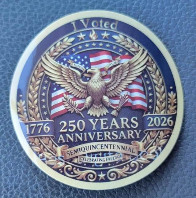 A sticker featuring an eagle, American flags, and text celebrating the 250th anniversary of voting from 1776 to 2026.